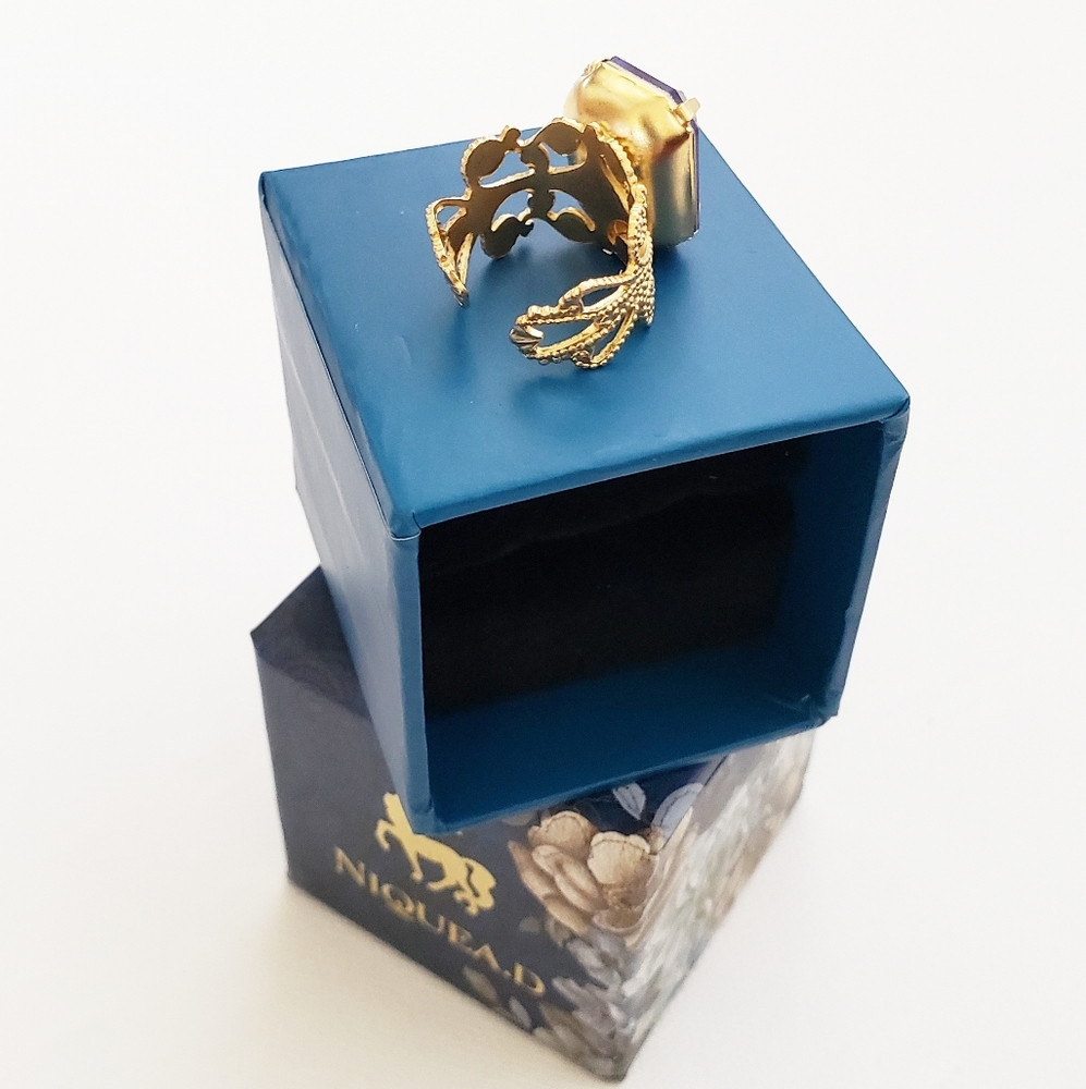 Crystal Looking Square Stone Blue Statement Ring - image 3